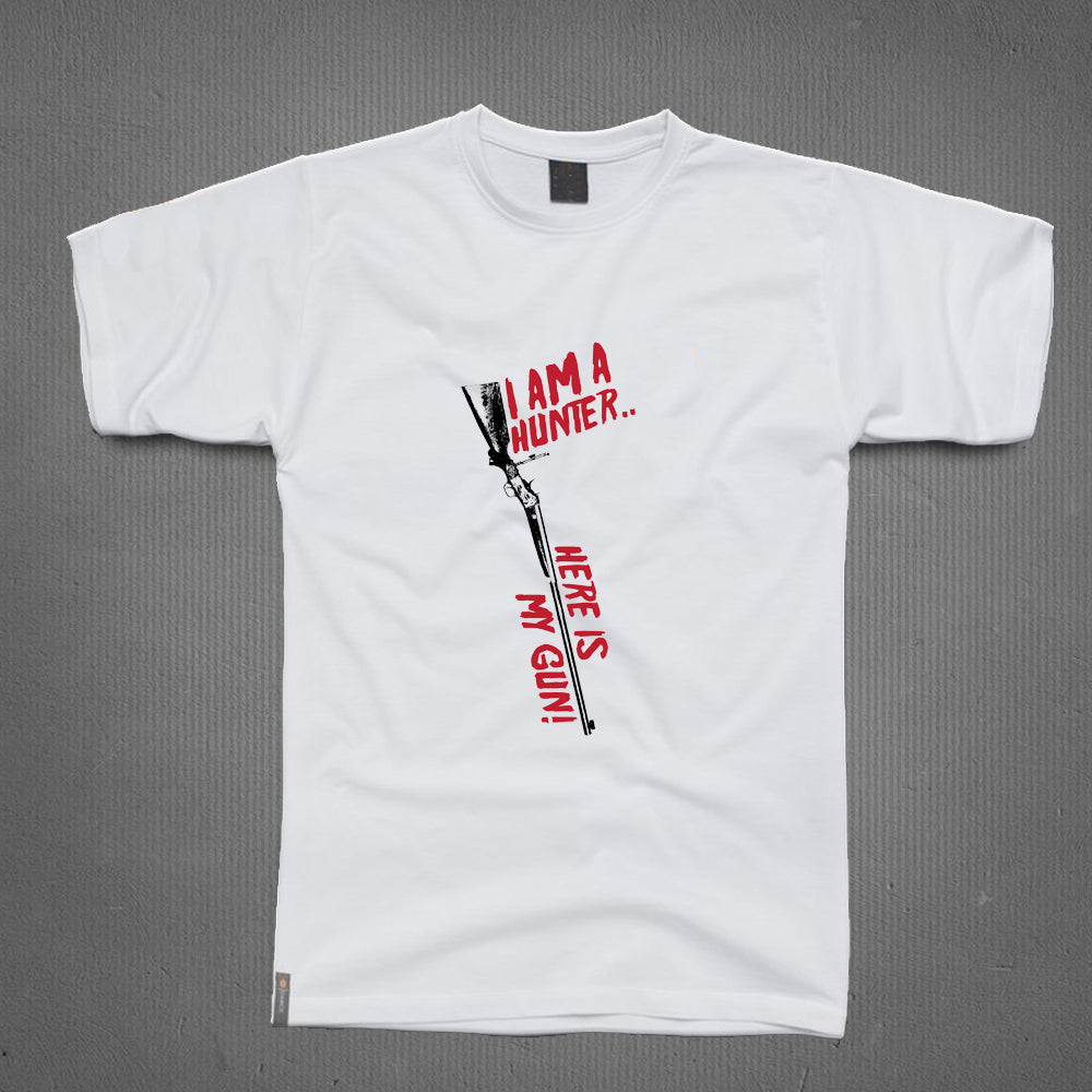 Round Neck T-Shirt - I am a hunter and my gun
