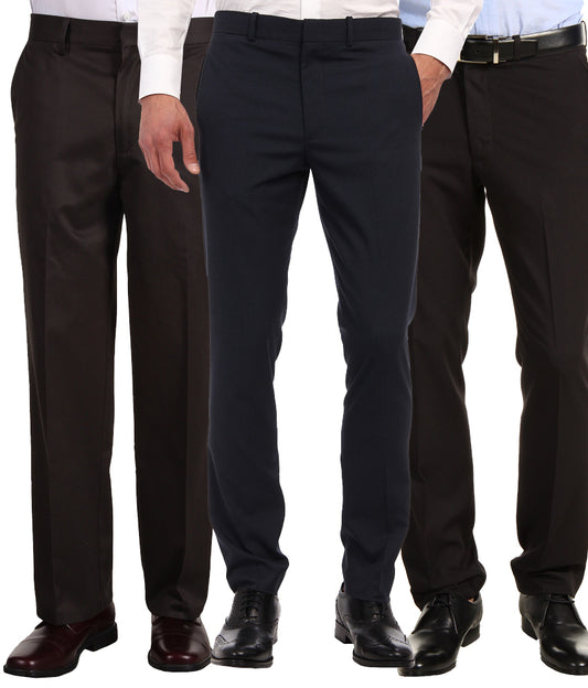 Pack of 3 Formal Trouser For Men - Black, Blue &  Brown