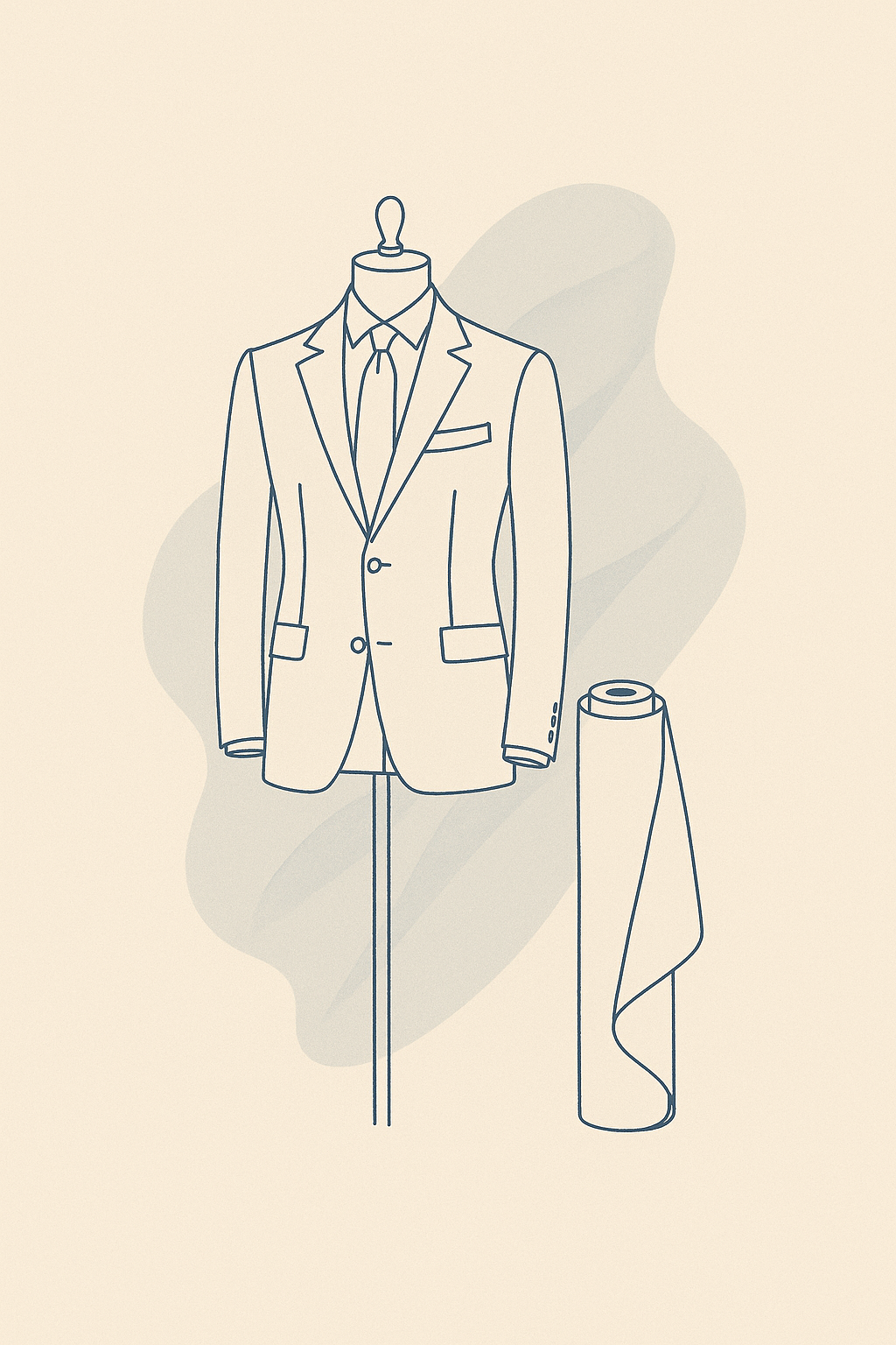 Minimal line-art illustration of a mannequin wearing a suit beside fabric rolls – MeraKapda Suiting Collection