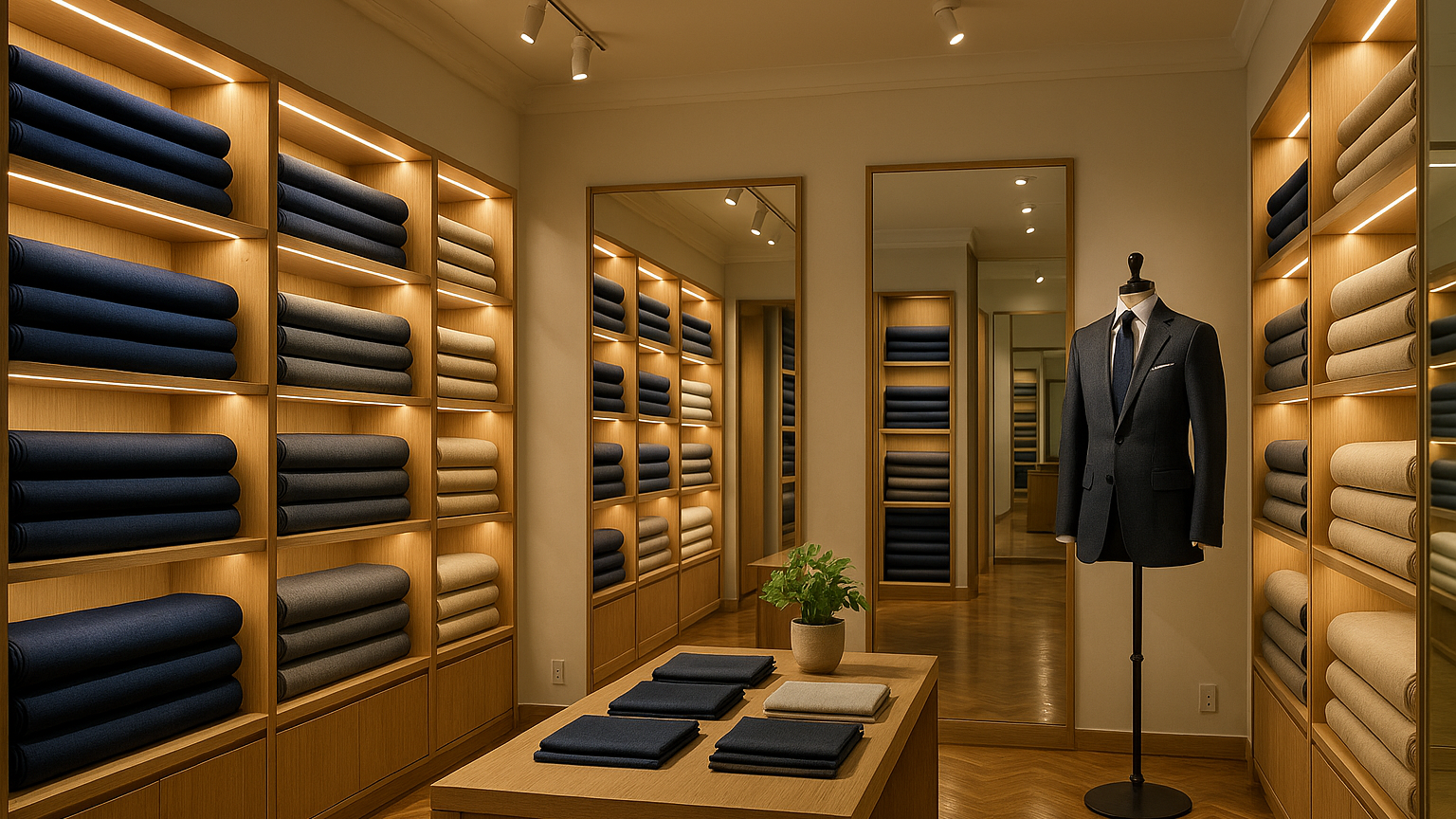 Clothing store interior with suit display and shelves.
