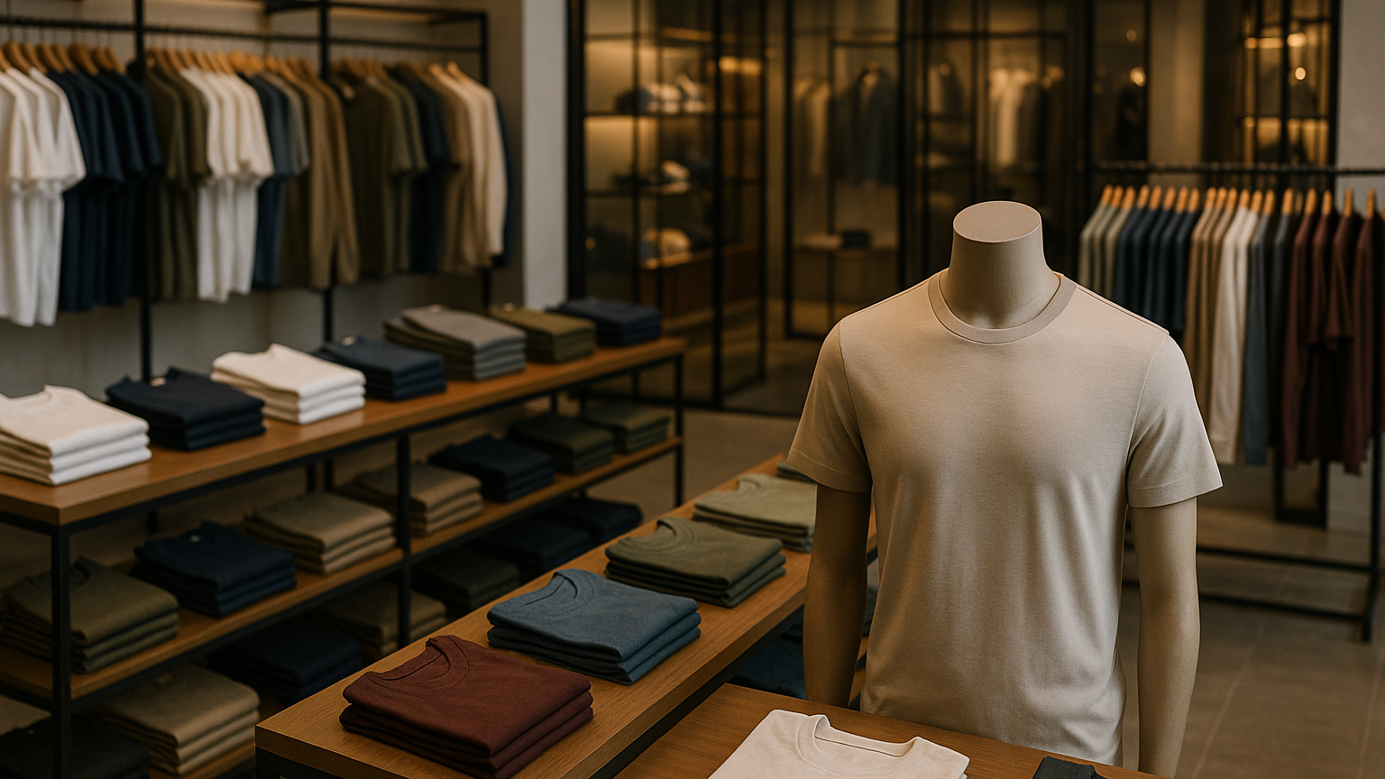 Mannequin wearing a beige t-shirt in a clothing store setting with racks and tables of folded clothes.