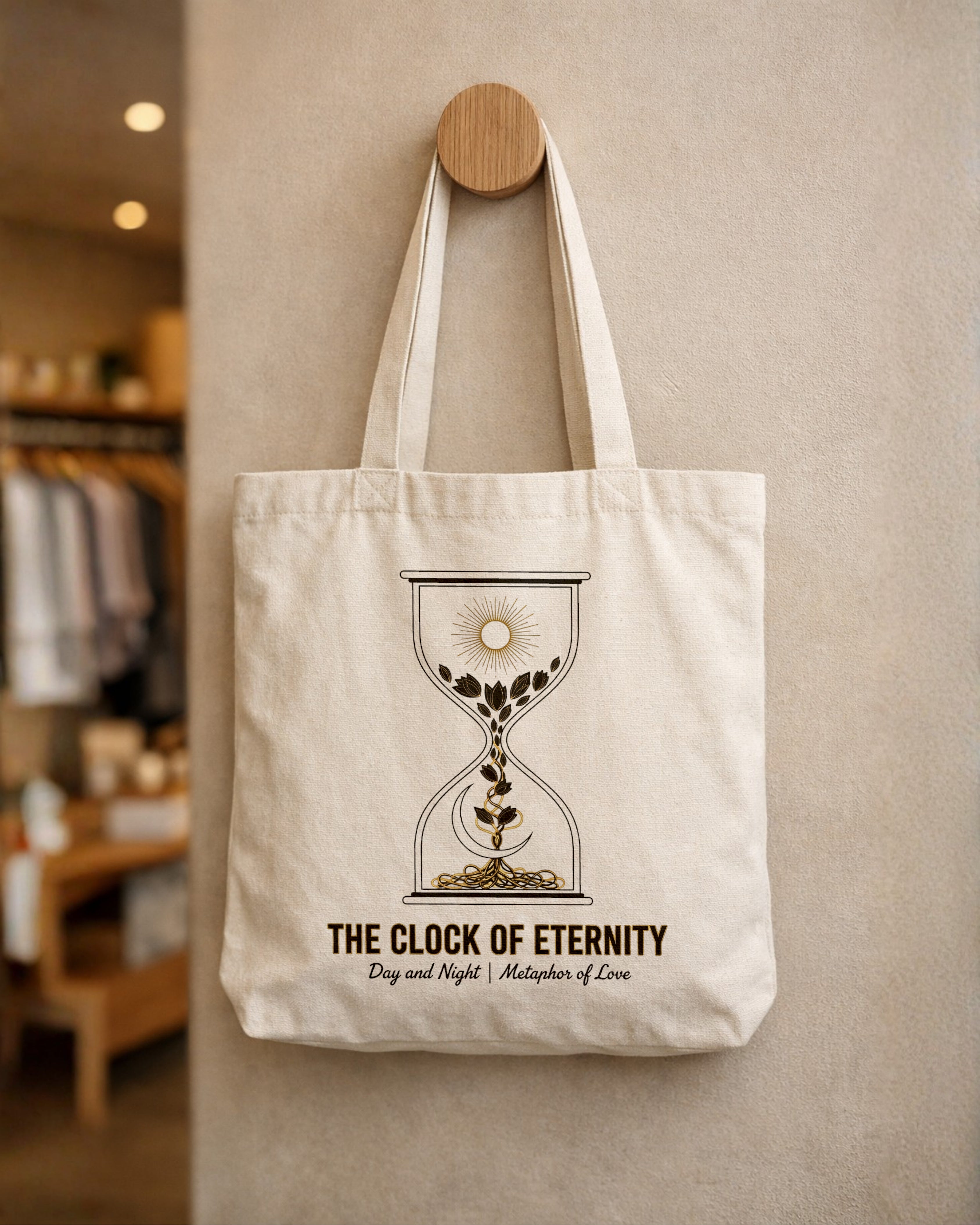 Celestial Peace Tote Bag – “The Clock of Eternity” Minimalist Artistic Canvas Tote