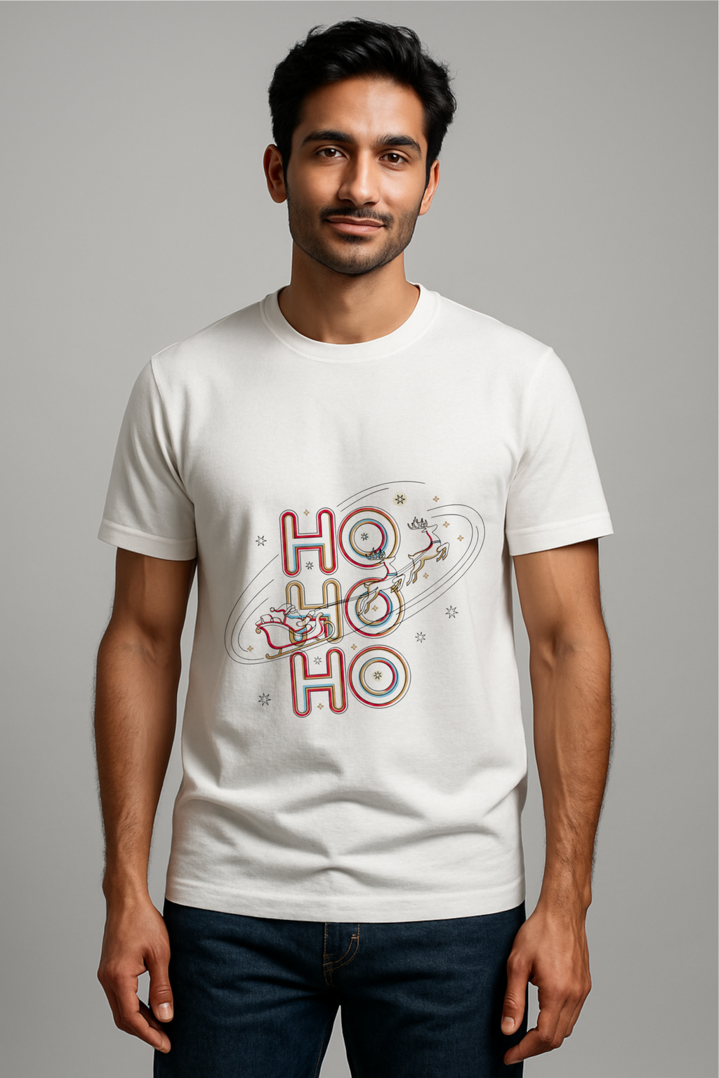 Ho Ho Ho Christmas T-Shirt – Santa & Reindeer Space Adventure