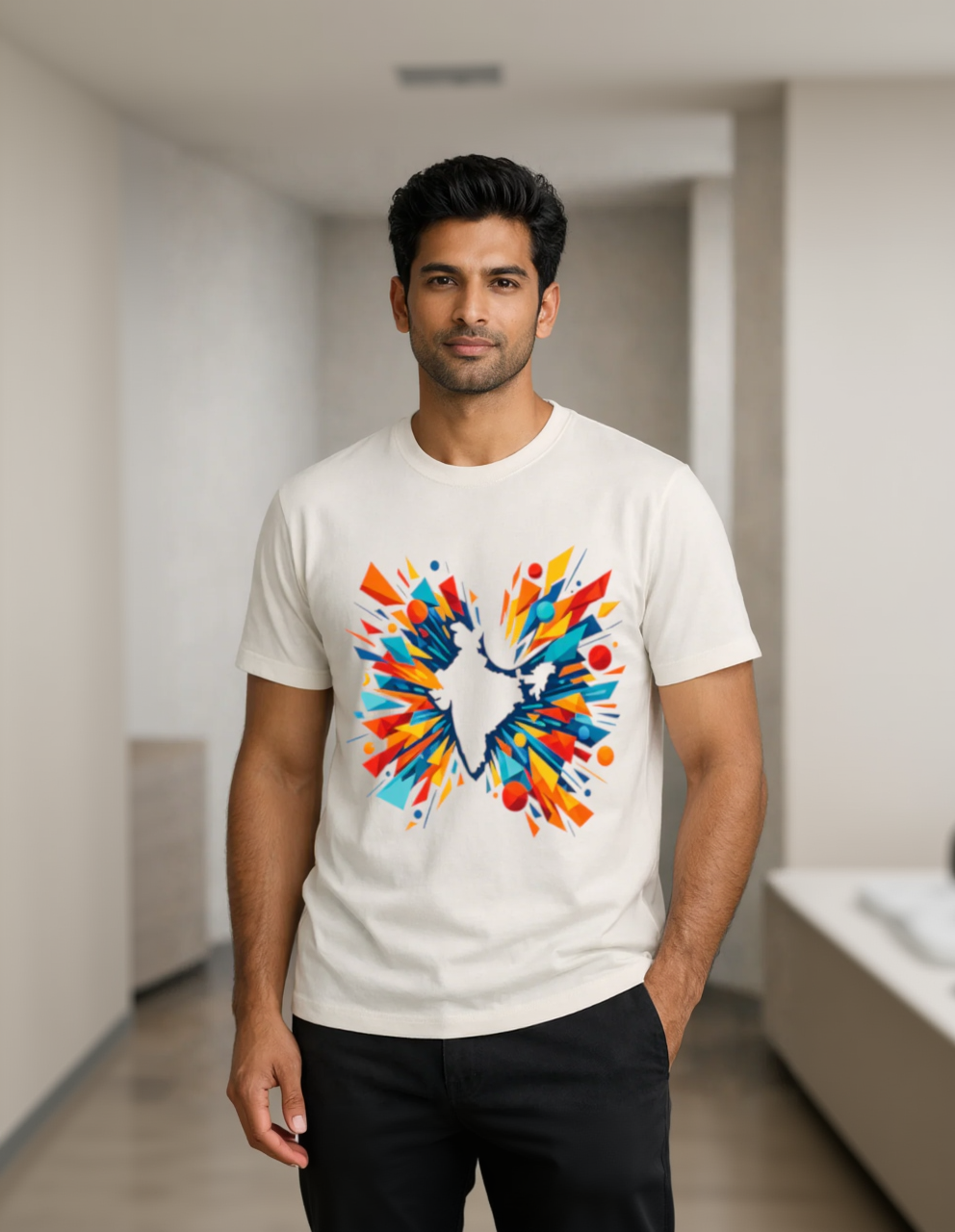 Close view of abstract Indian map art graphic on T-shirt