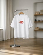 White t-shirt with a red heart design on a hanger against a neutral background