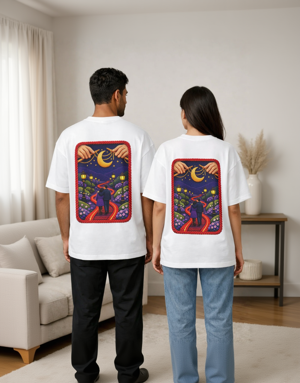 Two people wearing white t-shirts with a colorful graphic design on the back.