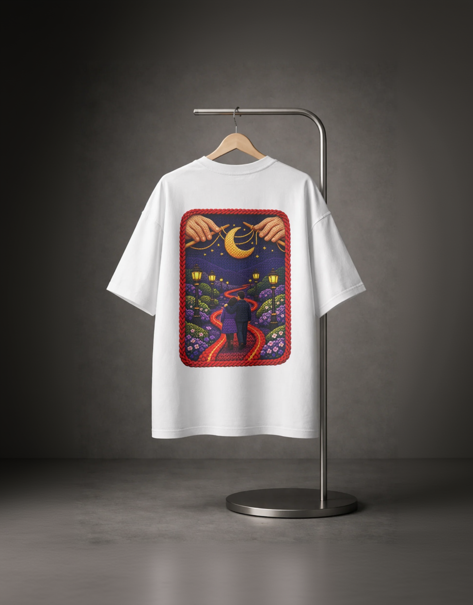 White t-shirt with a colorful graphic on a hanger against a gray background