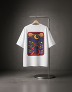 White t-shirt with a colorful graphic on a hanger against a gray background