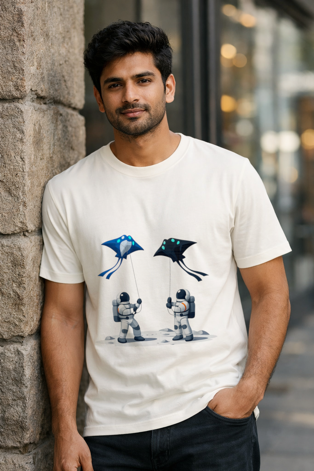 Astronauts Flying Kites T-Shirt - Space Graphic Tee for Men