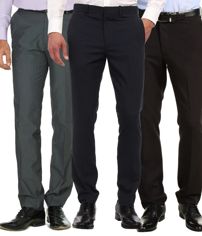 Pack of 3 Formal Trouser For Men - Black, Blue & Gray - MeraKapda