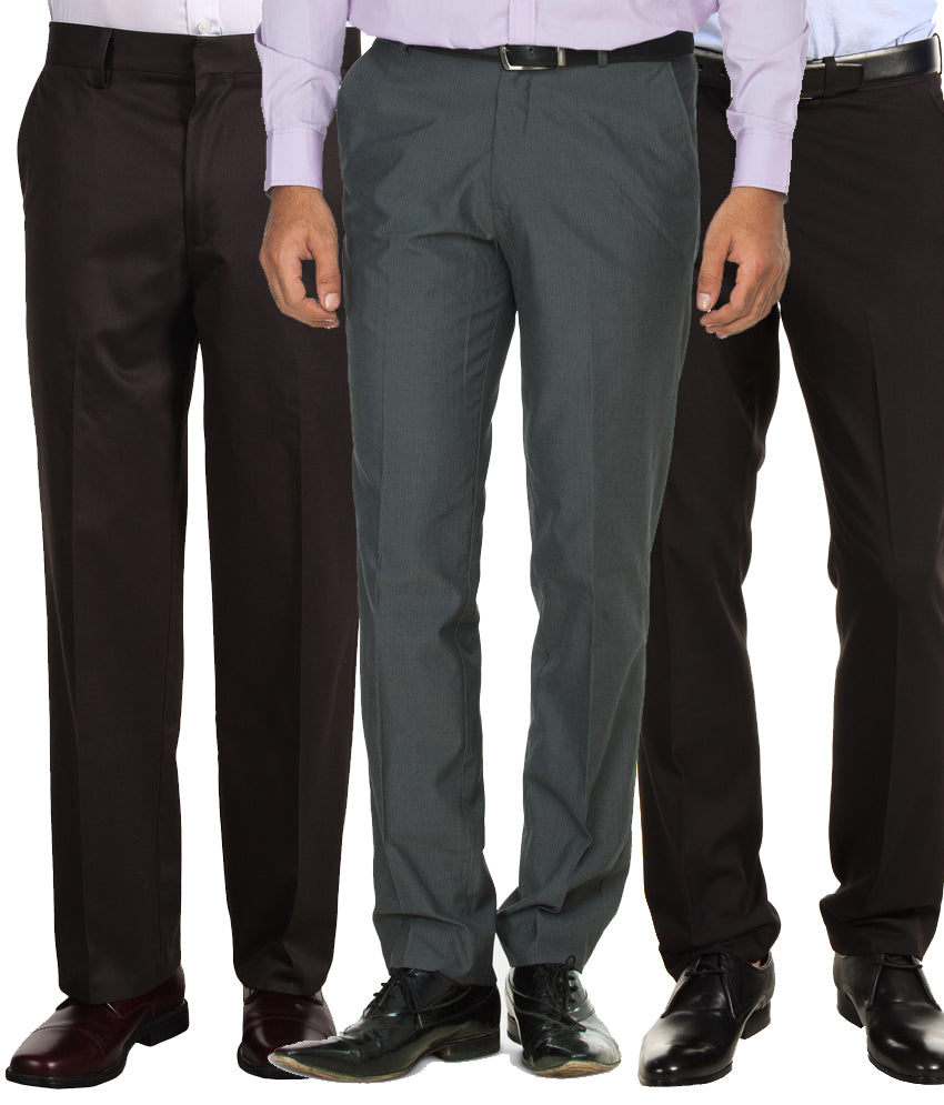 Pack of 3 Formal Trouser For Men - Black, Brown & Gray