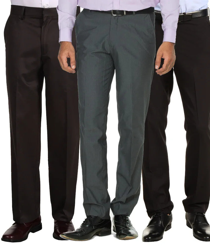 Pack of 3 Formal Trouser For Men - Black, Brown & Gray - MeraKapda