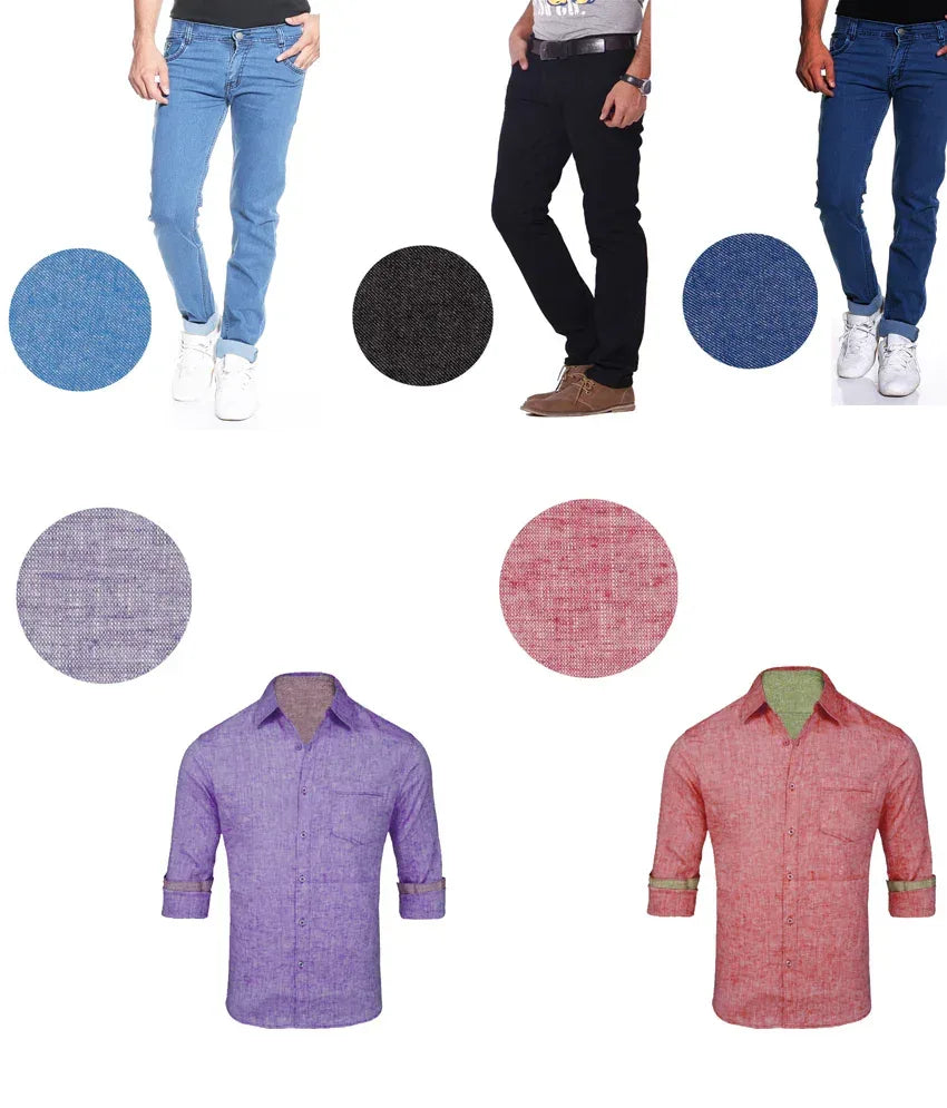 2 Linen Shirting Fabric & 3 Jeans Trouser Fabric Pack of 5 MKJL03 - MeraKapda