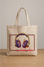 Beige tote bag with colorful headphones design on a wooden surface