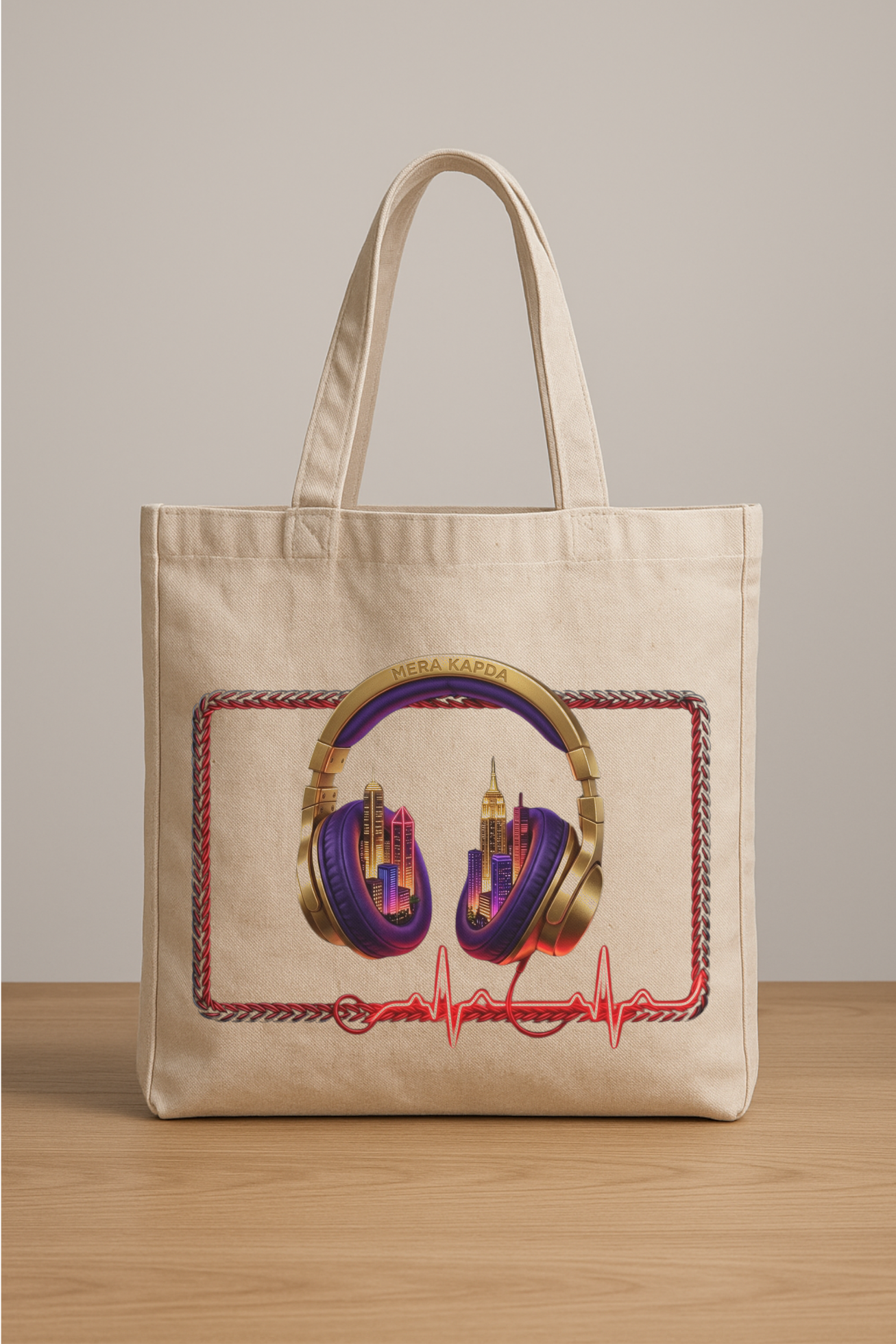 Beige tote bag with colorful headphones design on a wooden surface