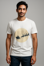 White Christmas t-shirt featuring Santa sleigh and reindeer silhouette crossing the moon, minimal festive design