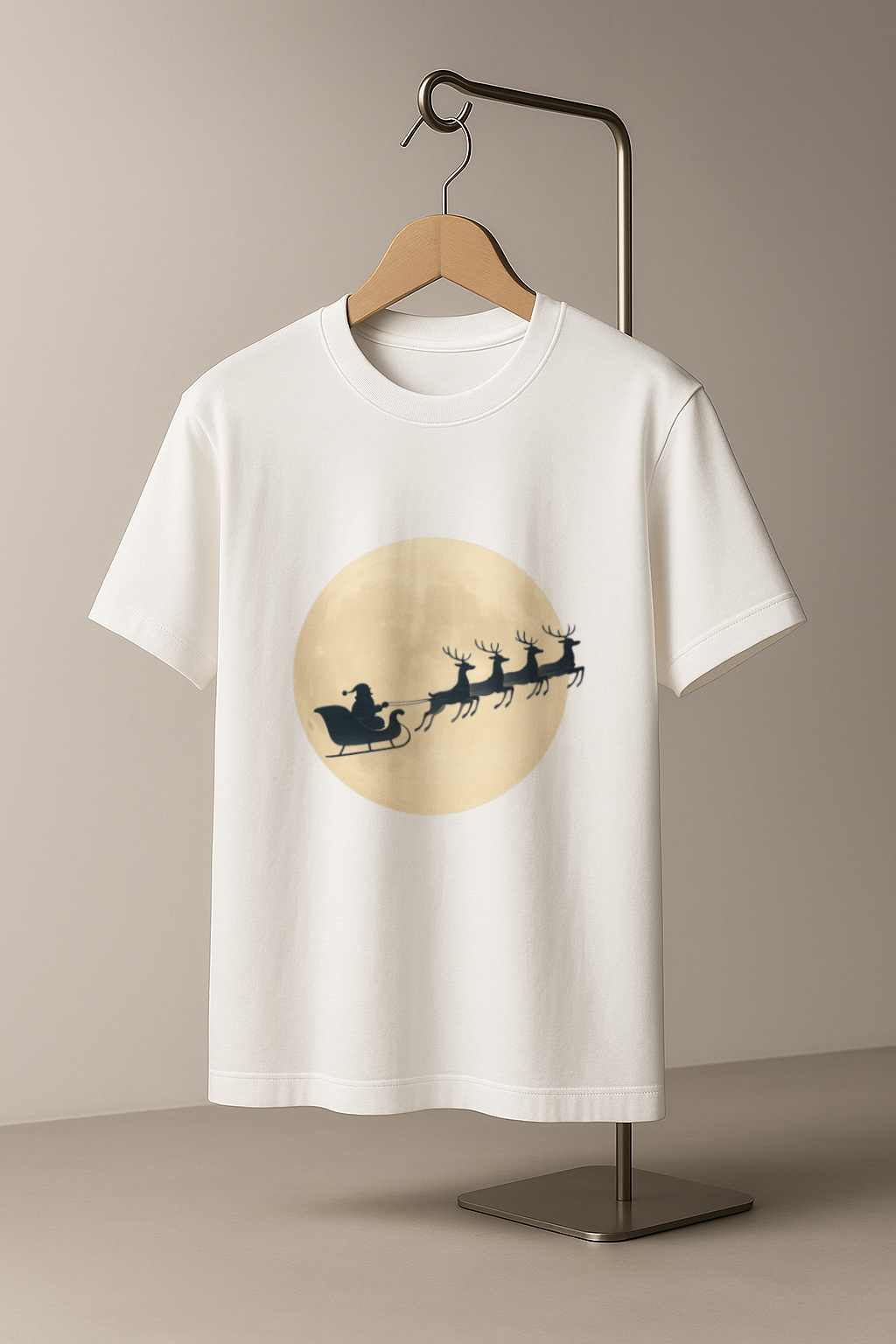 White Christmas t-shirt featuring Santa sleigh and reindeer silhouette crossing the moon, minimal festive design