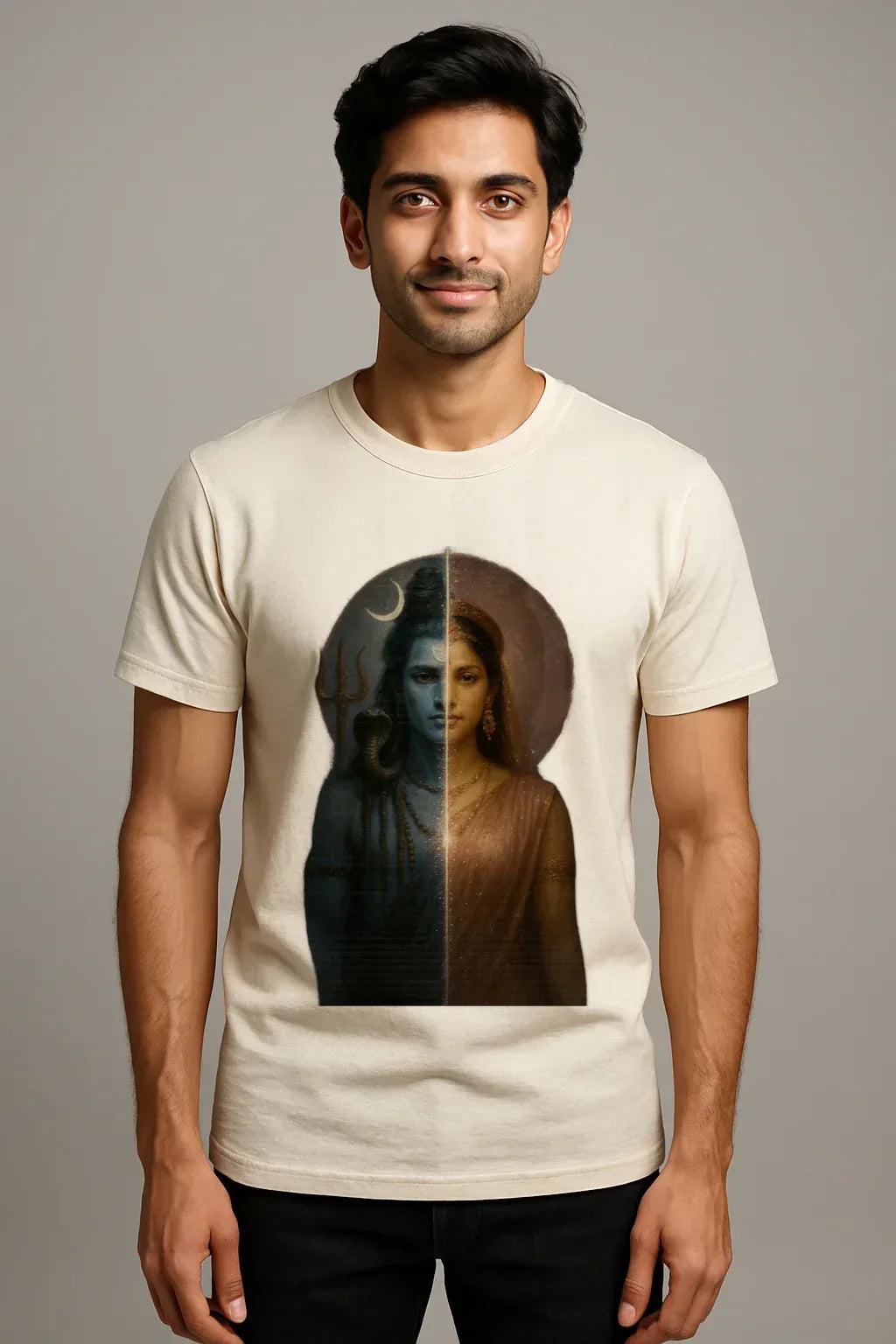 Ardhanarishvara Split Portrait T-Shirt – Shiva & Parvati Divine Form - MeraKapda