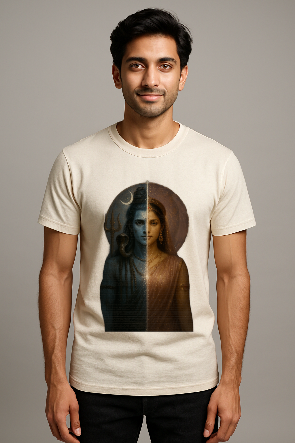 Ardhanarishvara split portrait t-shirt with Shiva and Parvati half-face artwork