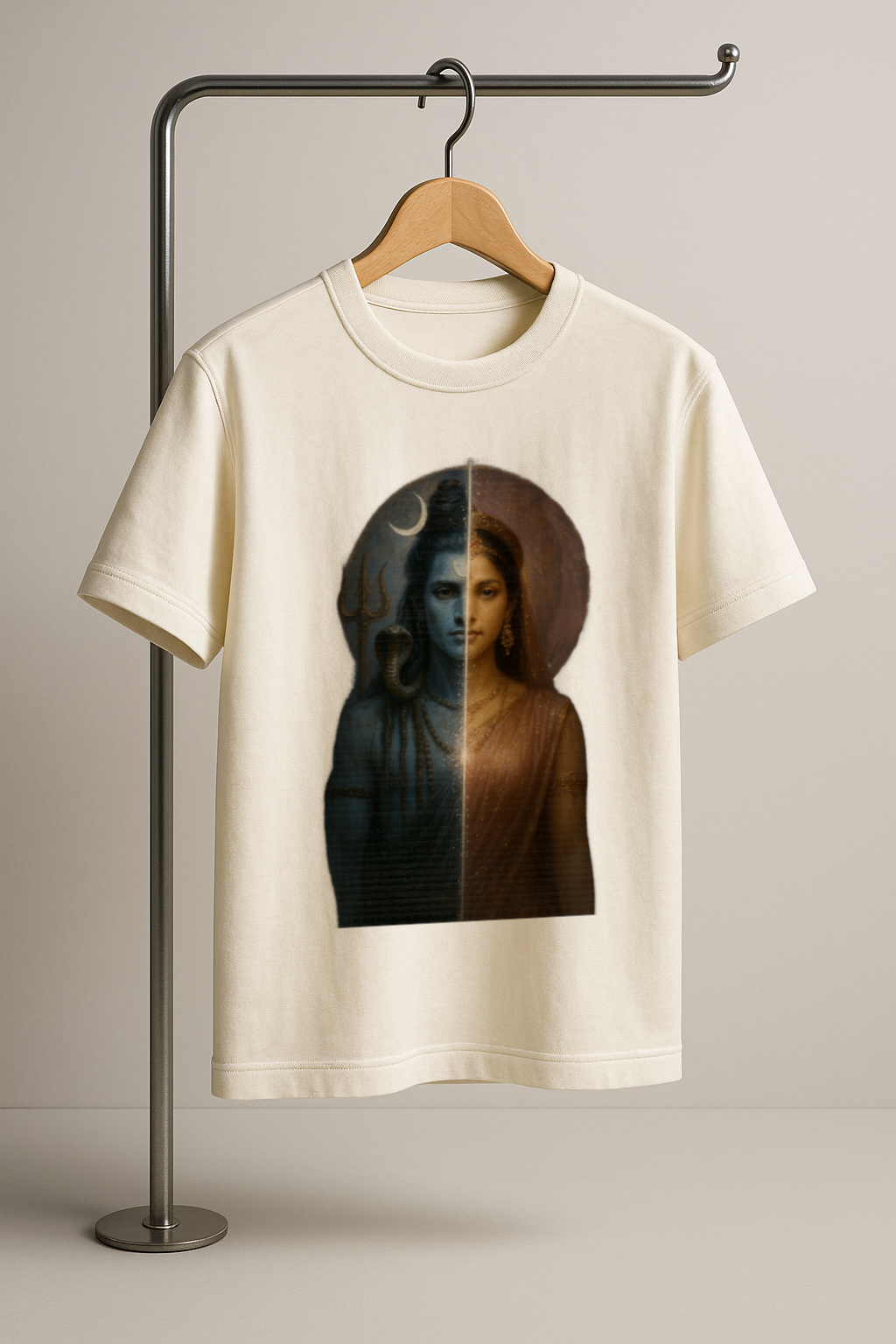 Ardhanarishvara split portrait t-shirt with Shiva and Parvati half-face artwork