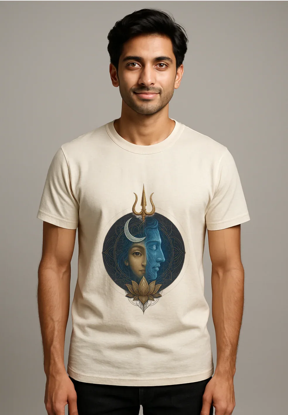 Shiv Shakti Dual Face Art T-Shirt – Divine Balance Series (Off white) - MeraKapda