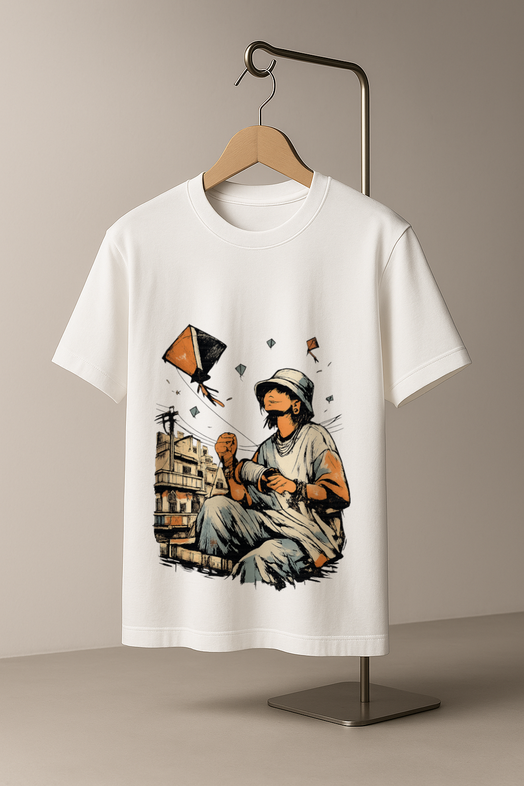 White t-shirt with a graphic design of a person with a kite on a hanger against a beige background