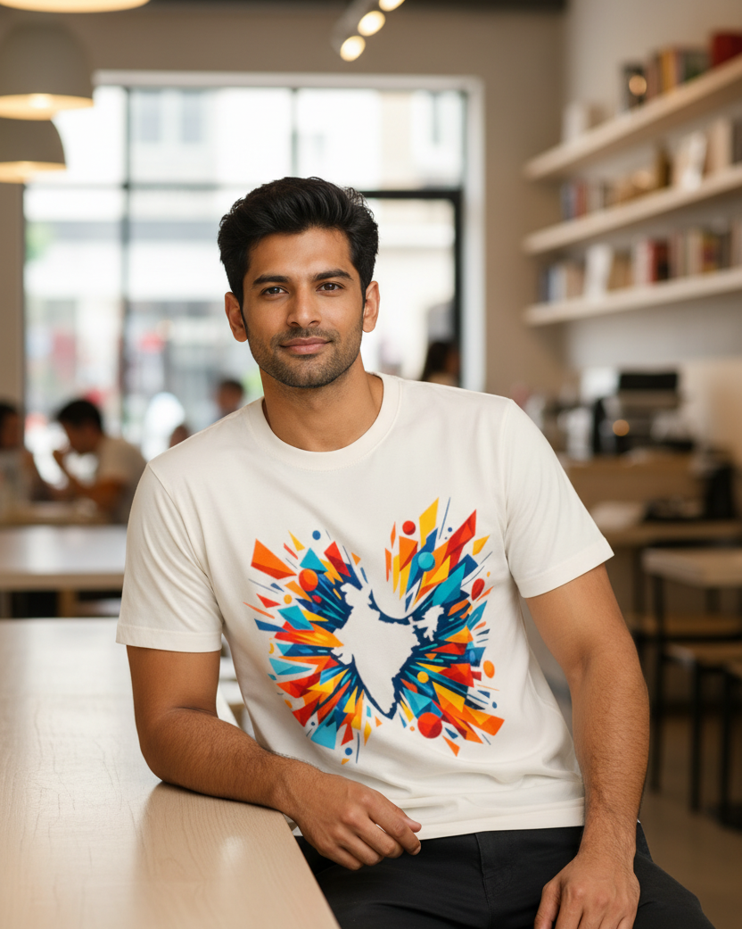 Unisex abstract India map T-shirt in café setting
