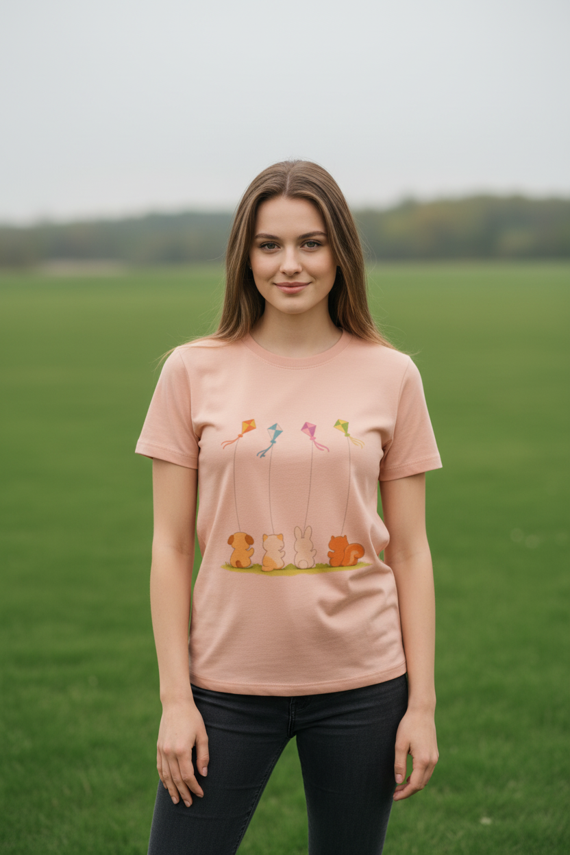 Female model in peach t-shirt with kite design - casual pose