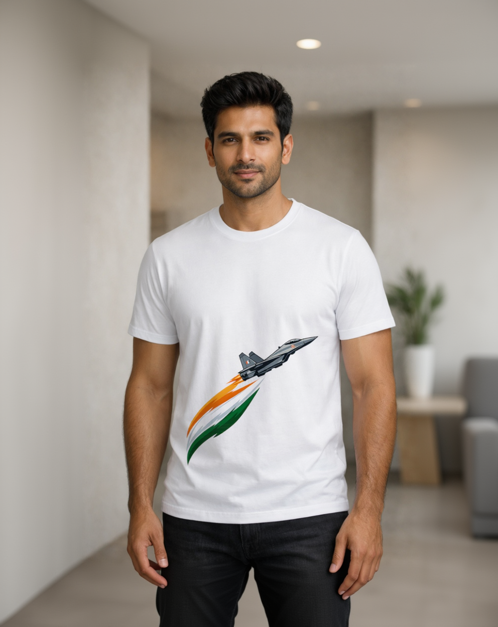 Man wearing white Indian Airforce jet tricolour T-shirt lifestyle shot