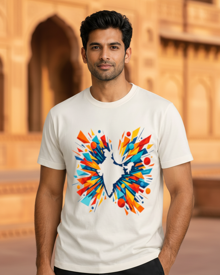 Man wearing abstract India map graphic T-shirt outdoor lifestyle