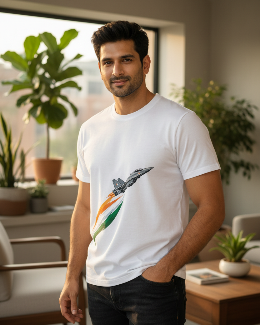 Indian Airforce jet tricolour graphic printed on white premium cotton T-shirt