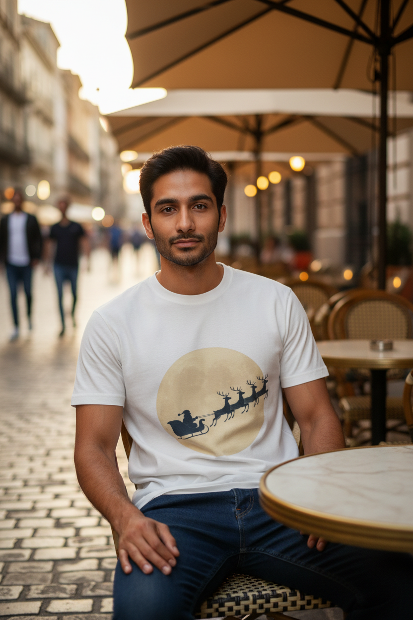 Indian male model wearing Christmas t-shirt at outdoor café