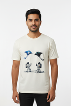 Male model wearing astronaut kites t-shirt in white studio