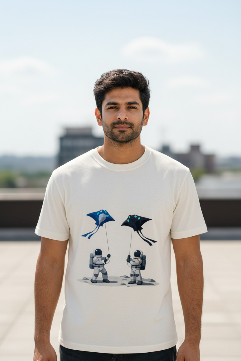 Male model wearing astronaut kites t-shirt on rooftop terrace