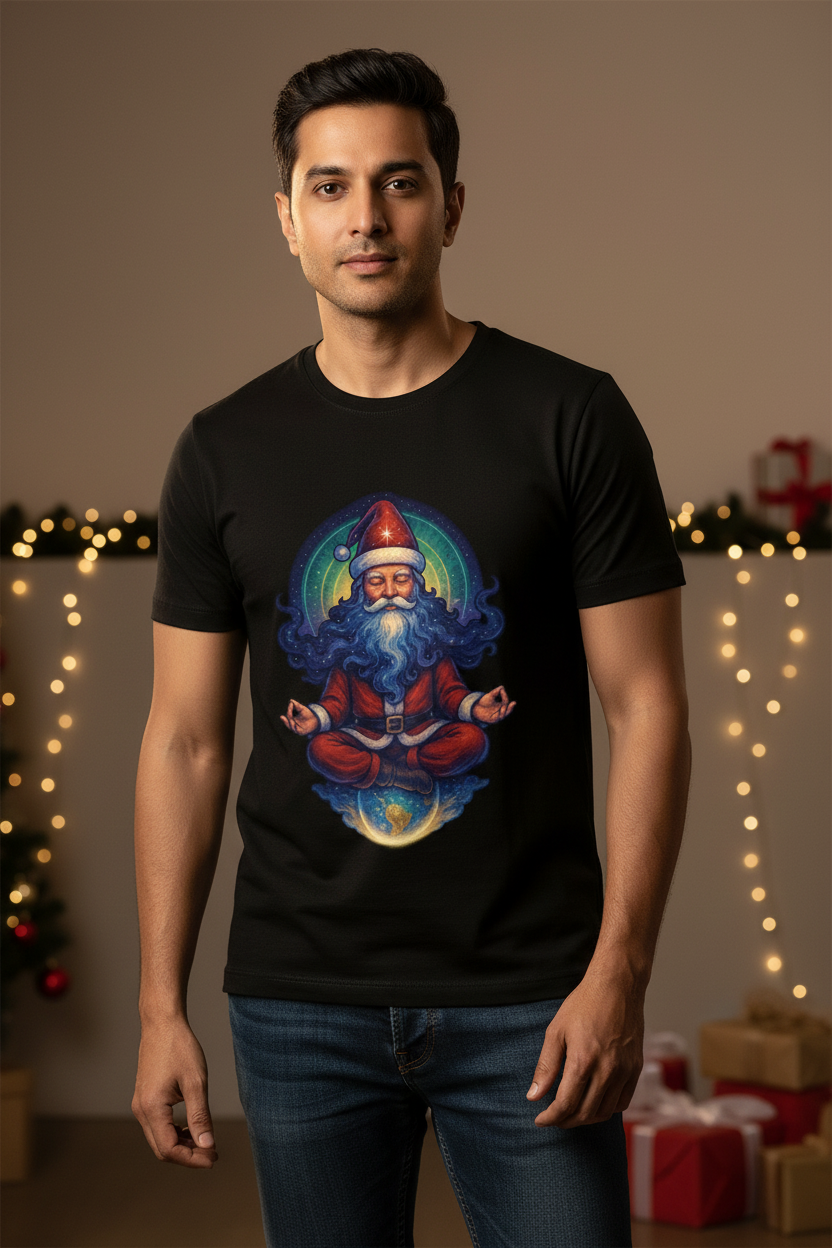 Meditating Santa T-shirt lifestyle shot