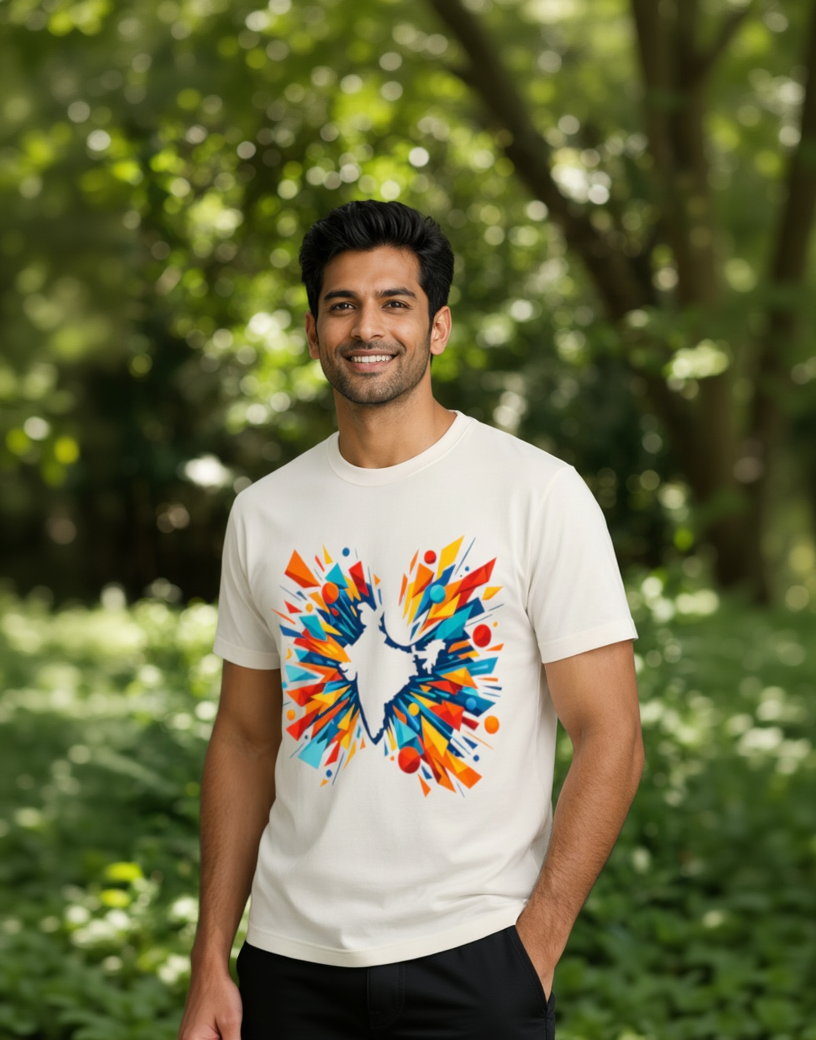 Abstract India map graphic printed on white cotton T-shirt