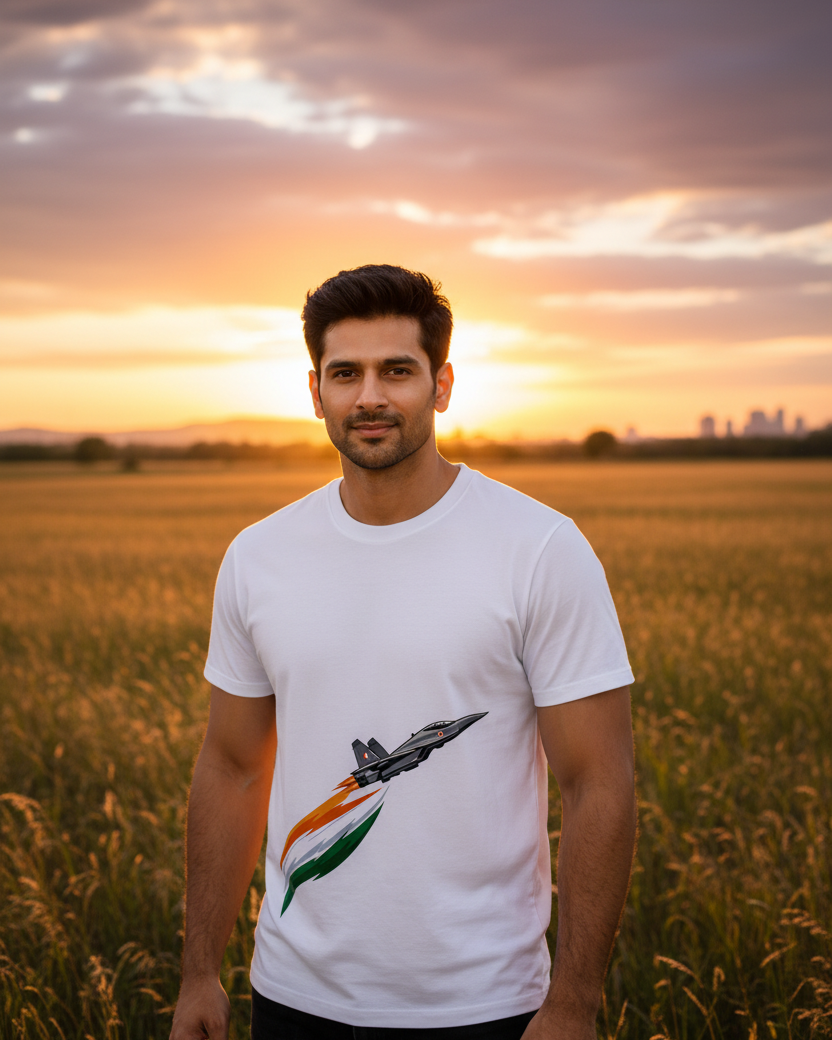 White cotton T-shirt with Indian Airforce fighter jet tricolour graphic