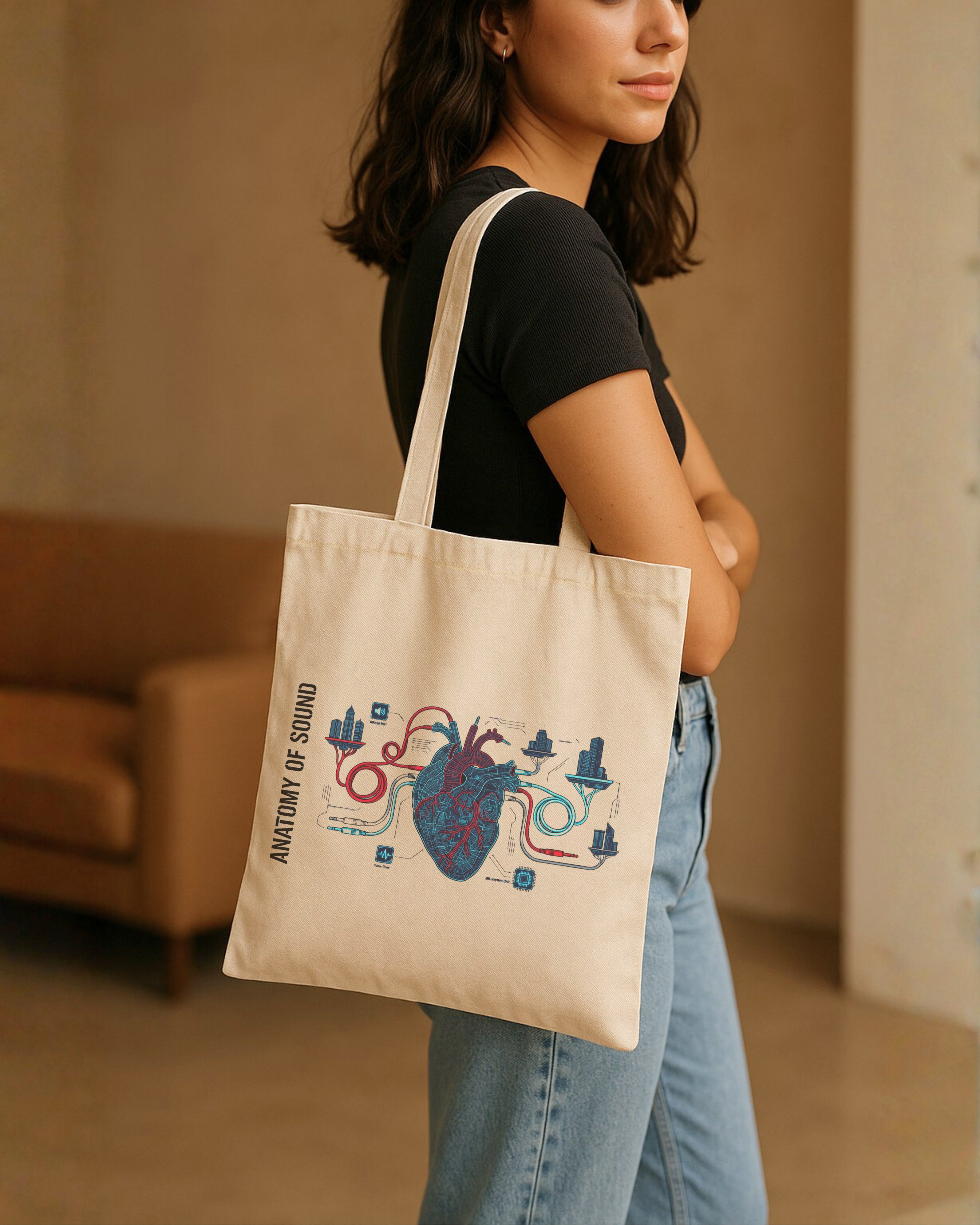 Person holding a tote bag with a colorful design in an indoor setting