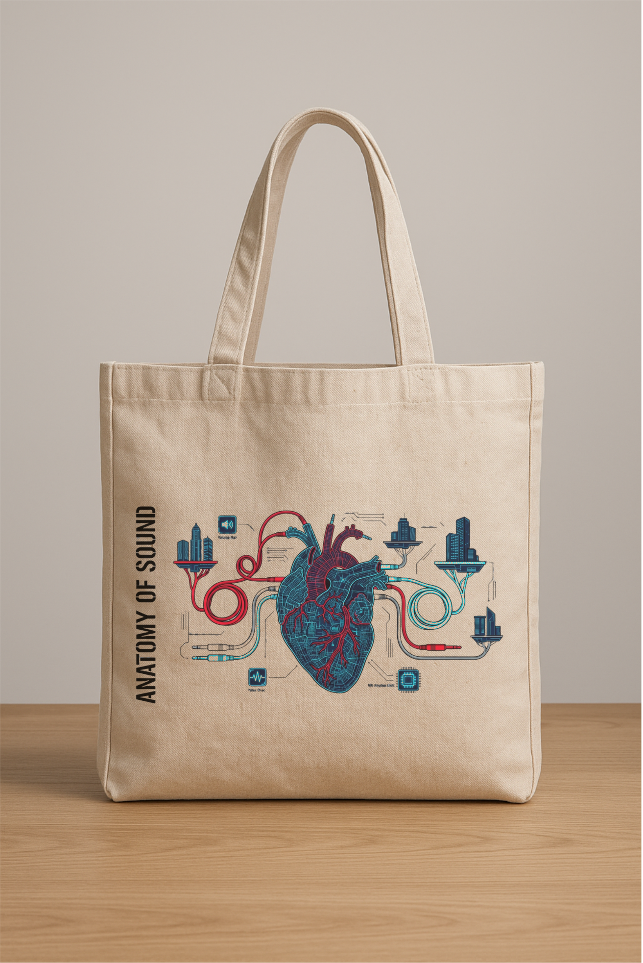 Beige tote bag with 'Anatomy of Sound' design on a wooden surface.