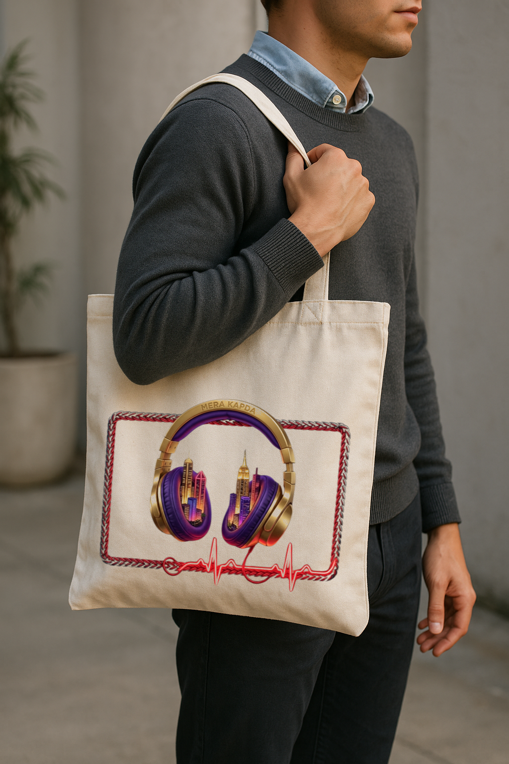 Person holding a tote bag with embroidered design of headphones and buildings.