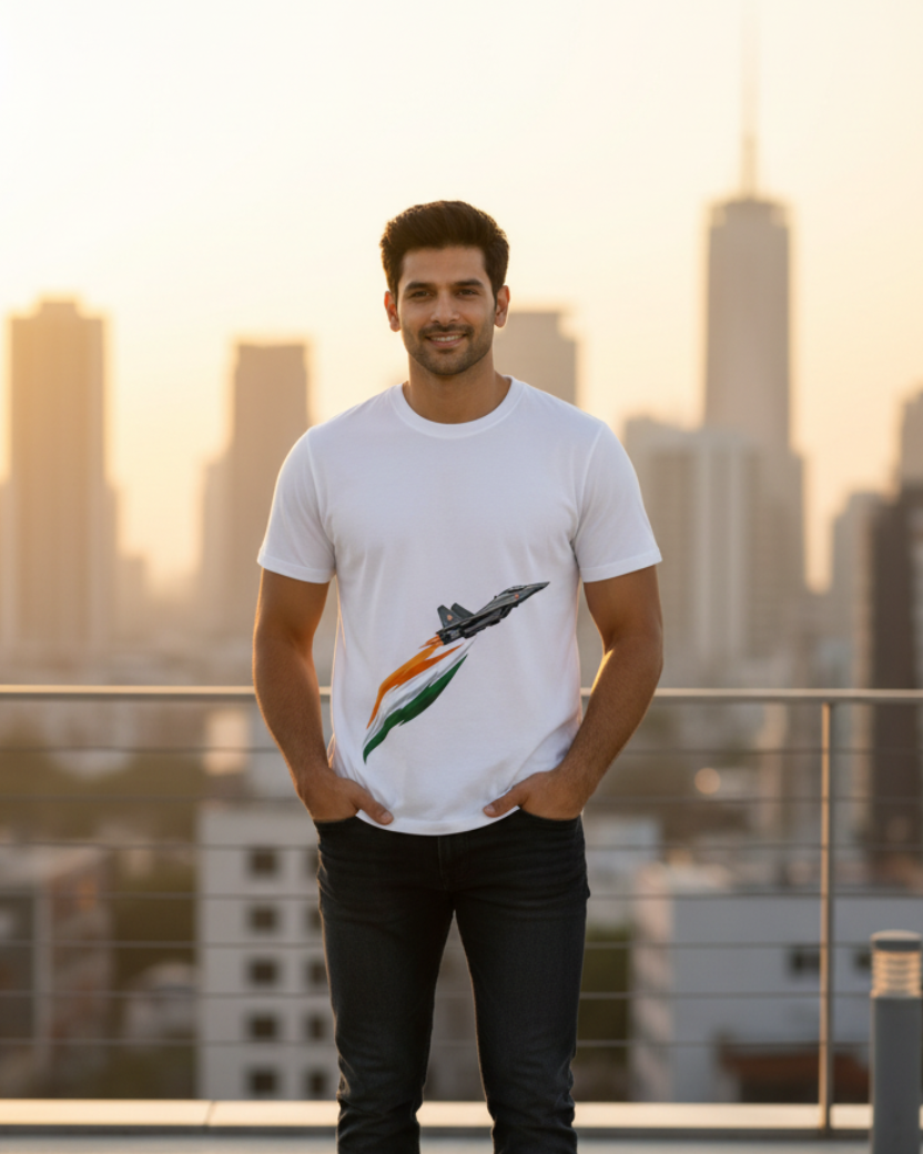 Indian Airforce jet tricolour graphic printed on white premium cotton T-shirt