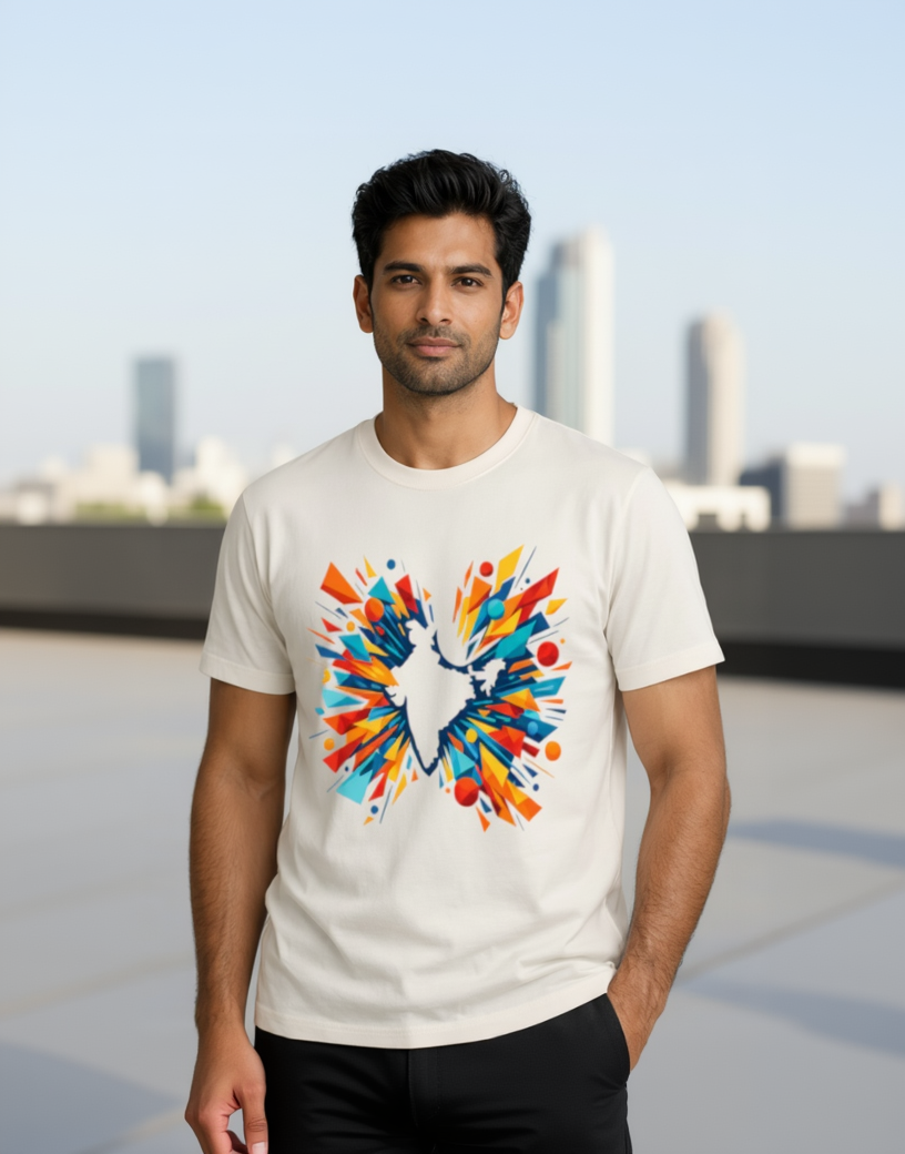 Man wearing abstract India map graphic T-shirt outdoor lifestyle