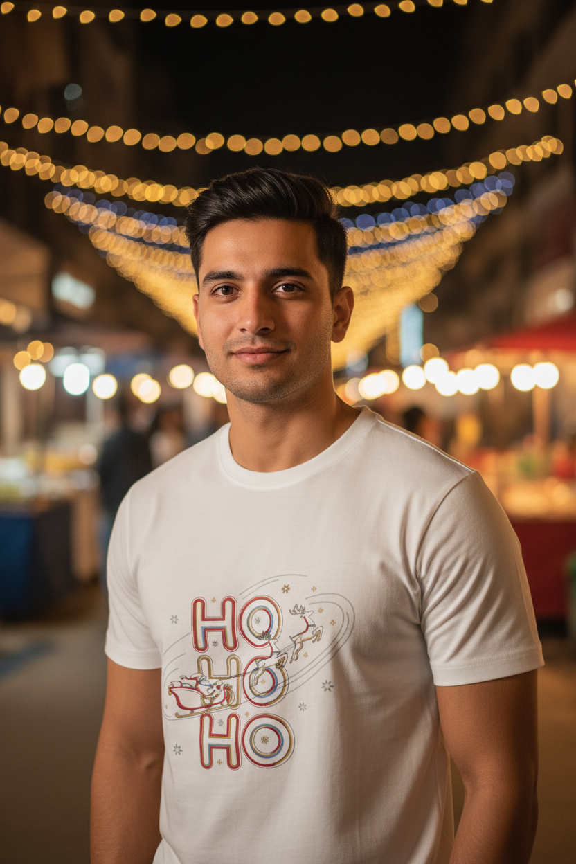 Young Indian male model wearing HO HO HO Christmas T-shirt in festive street setting